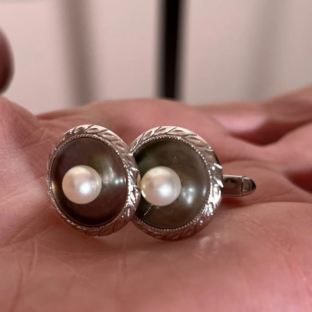 Antique Vintage Sterling silver MOP Real Pearl Round MCM Mod Art Deco Cufflinks